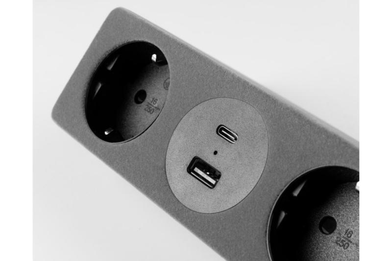 Priză pentru mobilier SOFITO, 2xSHUKO, USB A+C, cablu 1.5 m, gri catifelat