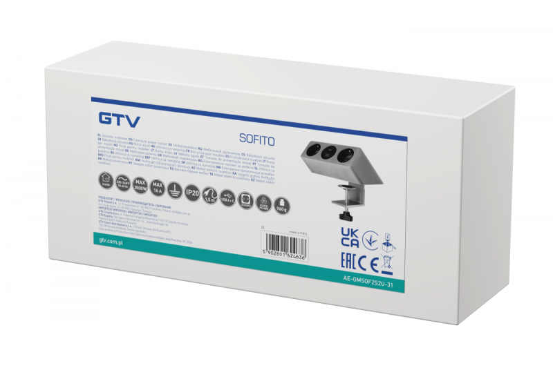 Priză pentru mobilier SOFITO, 2xSHUKO, USB A+C, cablu 1.5 m, gri catifelat