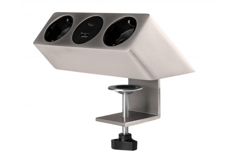 Priză pentru mobilier SOFITO, 2xSHUKO, USB A+C, cablu 1.5 m, oțel inoxidabil