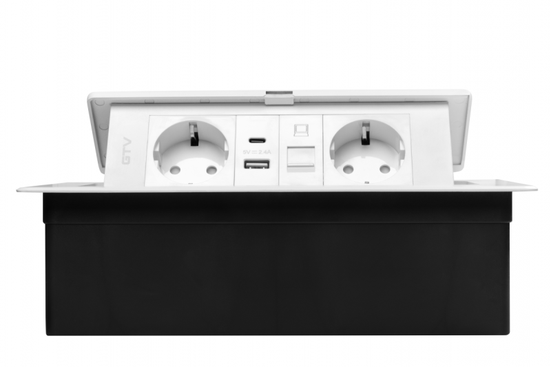 Priză de mobilier MULTISOFT, 2xSHUKO, USB A+C, RJ45, cablu 1,5 m, alb