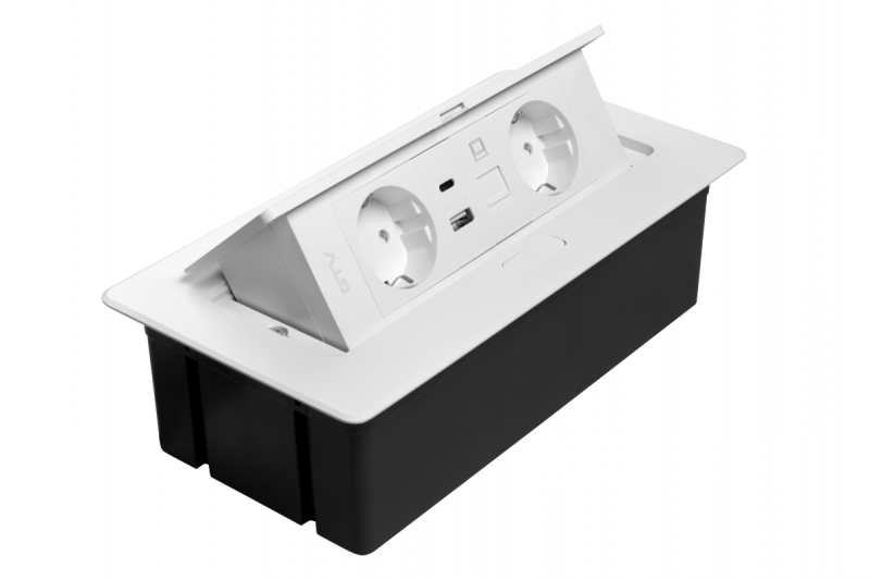 Priză de mobilier MULTISOFT, 2xSHUKO, USB A+C, RJ45, cablu 1,5 m, alb