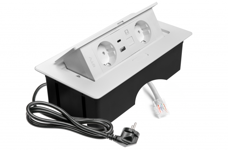 Priză de mobilier MULTISOFT, 2xSHUKO, USB A+C, RJ45, cablu 1,5 m, alb