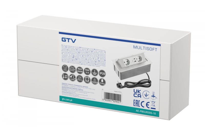 Priză de mobilier MULTISOFT, 2xSHUKO, USB A+C, RJ45, cablu 1,5 m, alb