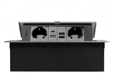 Priză de mobilier MULTISOFT, 2xSHUKO, USB A+C, RJ45, cablu 1,5 m, aluminiu