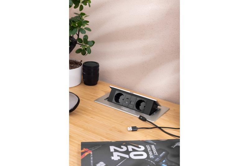 Priză de mobilier MULTISOFT, 2xSHUKO, USB A+C, RJ45, cablu 1,5 m, aluminiu