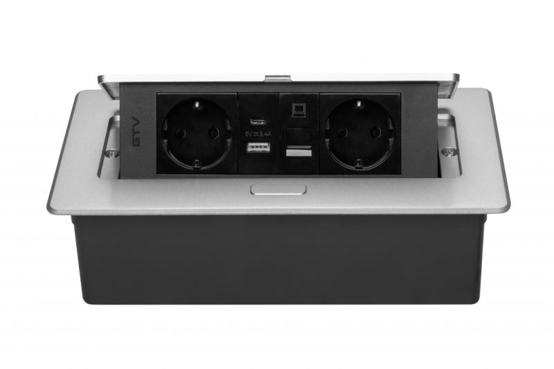 Priză de mobilier MULTISOFT, 2xSHUKO, USB A+C, RJ45, cablu 1,5 m, aluminiu