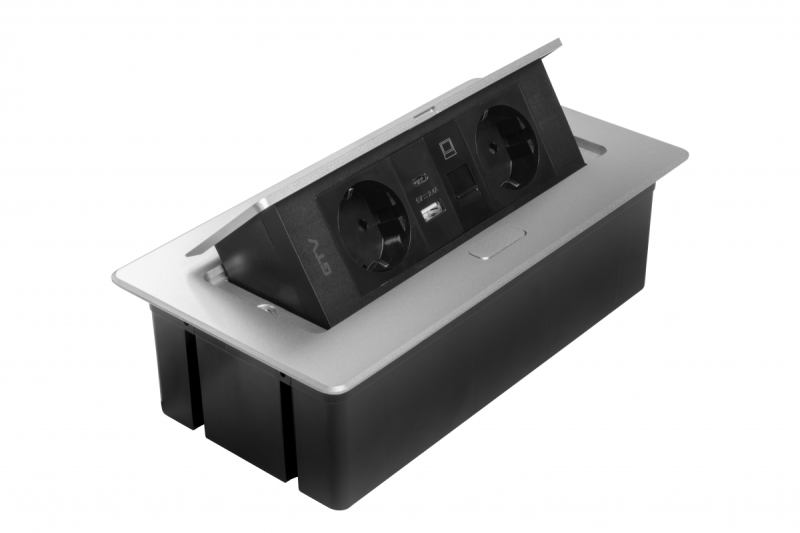 Priză de mobilier MULTISOFT, 2xSHUKO, USB A+C, RJ45, cablu 1,5 m, aluminiu