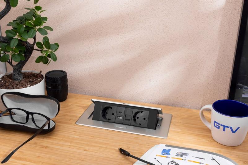 Priză de mobilier MULTISOFT, 2xSHUKO, USB A+C, RJ45, cablu 1,5 m, aluminiu