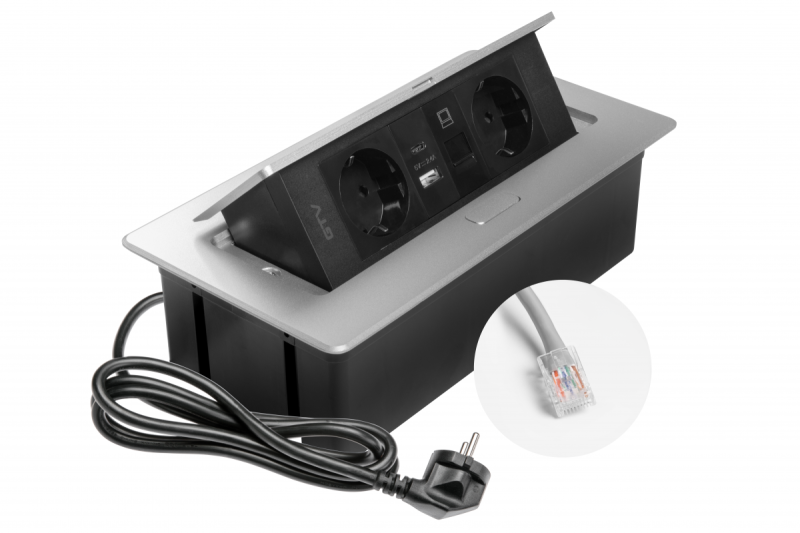 Priză de mobilier MULTISOFT, 2xSHUKO, USB A+C, RJ45, cablu 1,5 m, aluminiu