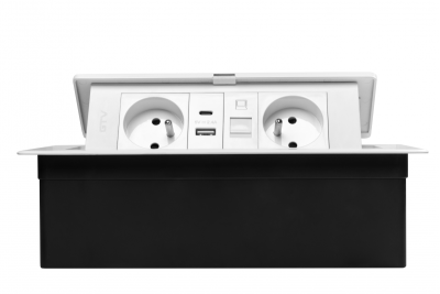 Priză pentru Mobilier MULTISOFT 2x Priză cu Împământare, USB A+C, RJ45, Cablu de Alimentare cu Ștecher, Alb