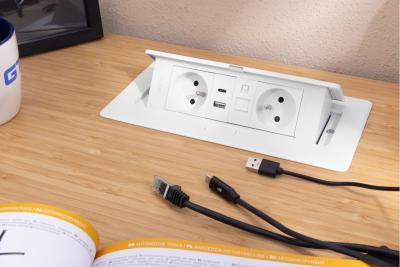 Priză pentru Mobilier MULTISOFT 2x Priză cu Împământare, USB A+C, RJ45, Cablu de Alimentare cu Ștecher, Alb