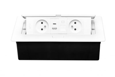 Priză pentru Mobilier MULTISOFT 2x Priză cu Împământare, USB A+C, RJ45, Cablu de Alimentare cu Ștecher, Alb