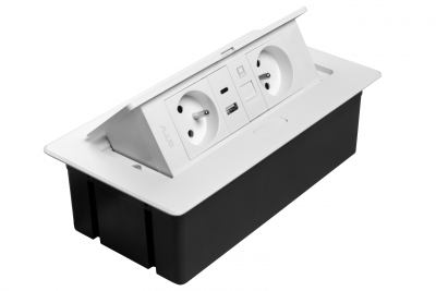 Priză pentru Mobilier MULTISOFT 2x Priză cu Împământare, USB A+C, RJ45, Cablu de Alimentare cu Ștecher, Alb