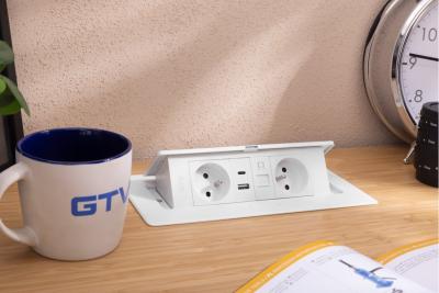 Priză pentru Mobilier MULTISOFT 2x Priză cu Împământare, USB A+C, RJ45, Cablu de Alimentare cu Ștecher, Alb