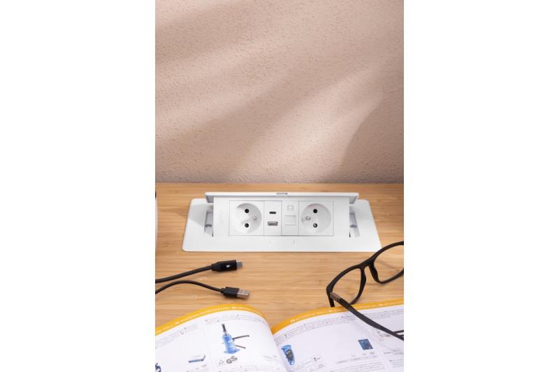 Priză pentru Mobilier MULTISOFT 2x Priză cu Împământare, USB A+C, RJ45, Cablu de Alimentare cu Ștecher, Alb