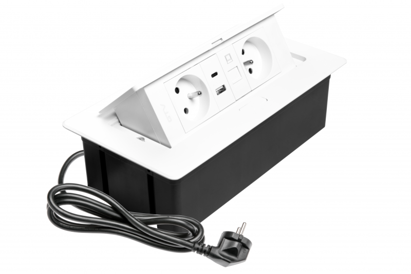 Priză pentru Mobilier MULTISOFT 2x Priză cu Împământare, USB A+C, RJ45, Cablu de Alimentare cu Ștecher, Alb