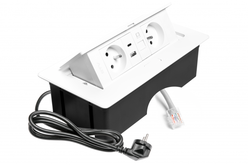 Priză pentru Mobilier MULTISOFT 2x Priză cu Împământare, USB A+C, RJ45, Cablu de Alimentare cu Ștecher, Alb