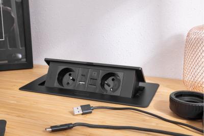 Priză Mobilier MULTISOFT 2x Priză cu Împământare, USB A+C, RJ45, Cablu de Alimentare cu Ștecher, Negru