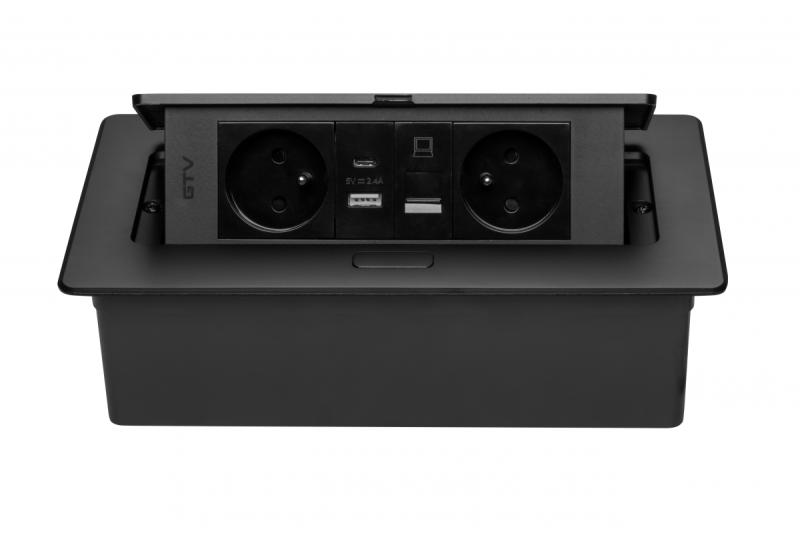 Priză Mobilier MULTISOFT 2x Priză cu Împământare, USB A+C, RJ45, Cablu de Alimentare cu Ștecher, Negru