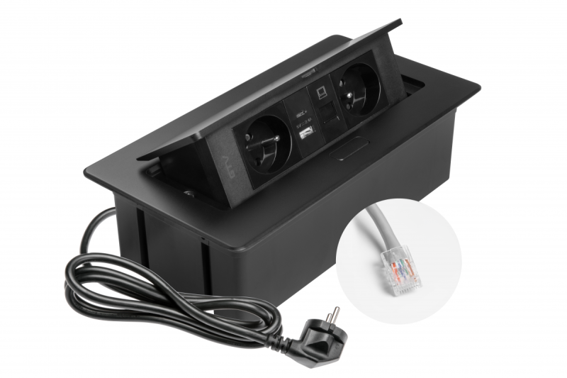 Priză Mobilier MULTISOFT 2x Priză cu Împământare, USB A+C, RJ45, Cablu de Alimentare cu Ștecher, Negru