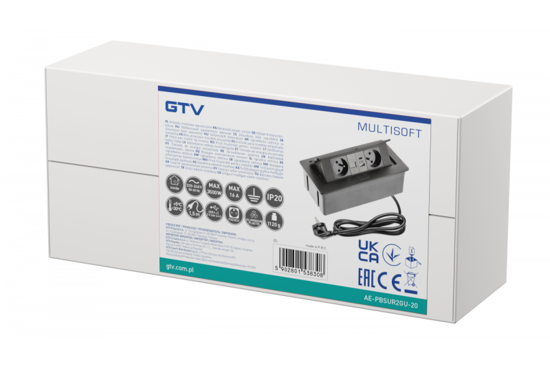 Priză Mobilier MULTISOFT 2x Priză cu Împământare, USB A+C, RJ45, Cablu de Alimentare cu Ștecher, Negru