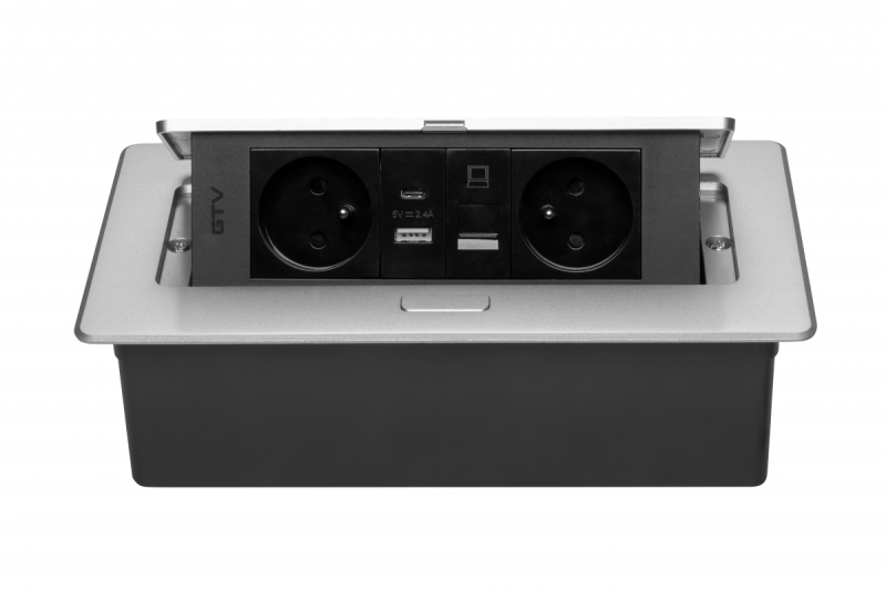 Priză pentru Mobilier MULTISOFT 2x Priză cu Împământare, USB A+C, RJ45, Cablu de Alimentare cu Ștecher, Aluminiu