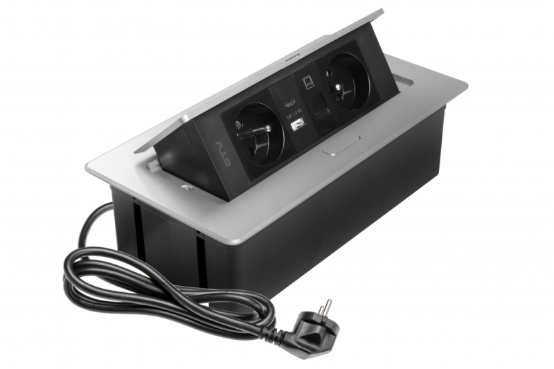 Priză pentru Mobilier MULTISOFT 2x Priză cu Împământare, USB A+C, RJ45, Cablu de Alimentare cu Ștecher, Aluminiu
