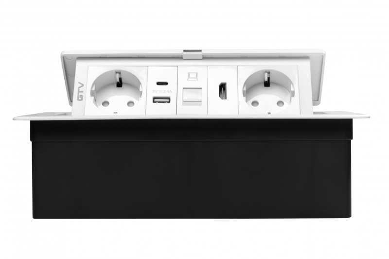Priză pentru mobilier MULTISOFT, 2xSHUKO, USB A+C, RJ45, HDMI, cablu 1,5 m, alb