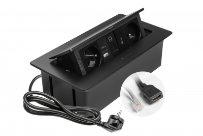 Priză mobilier MULTISOFT, 2xSHUKO, USB A+C, RJ45, cablu HDMI 1.5 m, negru