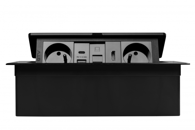 Priză mobilier MULTISOFT, 2xSHUKO, USB A+C, RJ45, cablu HDMI 1.5 m, negru