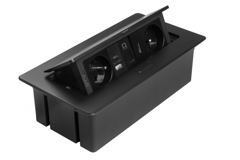 Priză mobilier MULTISOFT, 2xSHUKO, USB A+C, RJ45, cablu HDMI 1.5 m, negru