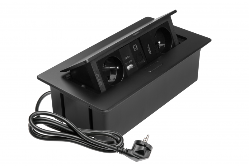Priză mobilier MULTISOFT, 2xSHUKO, USB A+C, RJ45, cablu HDMI 1.5 m, negru