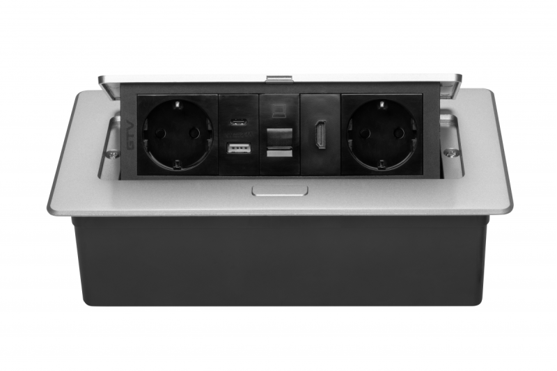 Priză pentru mobilier MULTISOFT, 2xSHUKO, USB A+C, RJ45, cablu HDMI 1.5 m, aluminiu