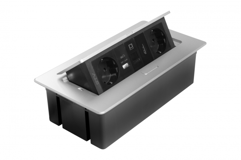 Priză pentru mobilier MULTISOFT, 2xSHUKO, USB A+C, RJ45, cablu HDMI 1.5 m, aluminiu