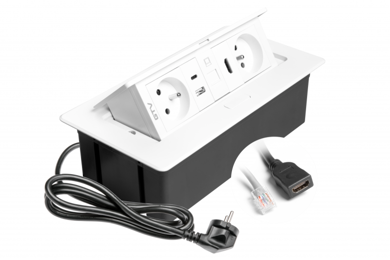 Priză mobilier MULTISOFT 2x priză cu împământare, USB A+C, RJ45, HDMI, cablu de alimentare cu ștecăr, albă