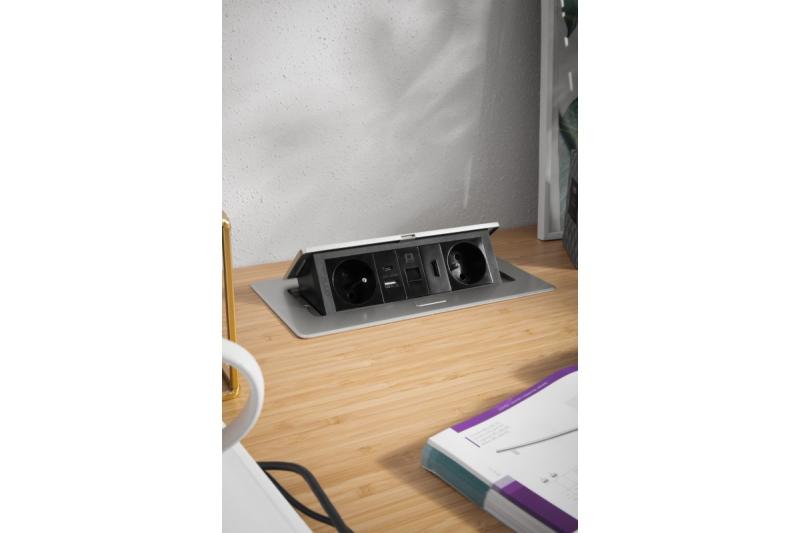 Priză mobilier MULTISOFT 2x Priză cu Împământare, USB A+C, RJ45, HDMI, Cablu de Alimentare cu Ștecher, Aluminiu