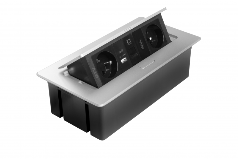 Priză mobilier MULTISOFT 2x Priză cu Împământare, USB A+C, RJ45, HDMI, Cablu de Alimentare cu Ștecher, Aluminiu