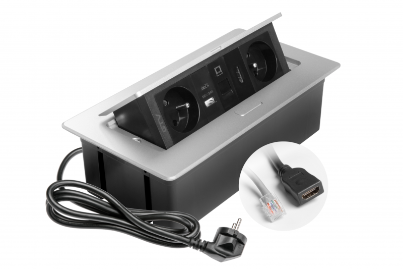 Priză mobilier MULTISOFT 2x Priză cu Împământare, USB A+C, RJ45, HDMI, Cablu de Alimentare cu Ștecher, Aluminiu