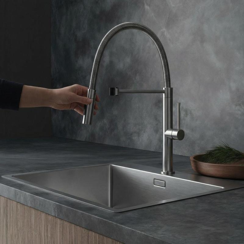 Pure.Sink Luxion Robinet de bucătărie din oțel inoxidabil masiv, cu ieșire flexibilă și 2 tipuri de jet PLXFLEX-02