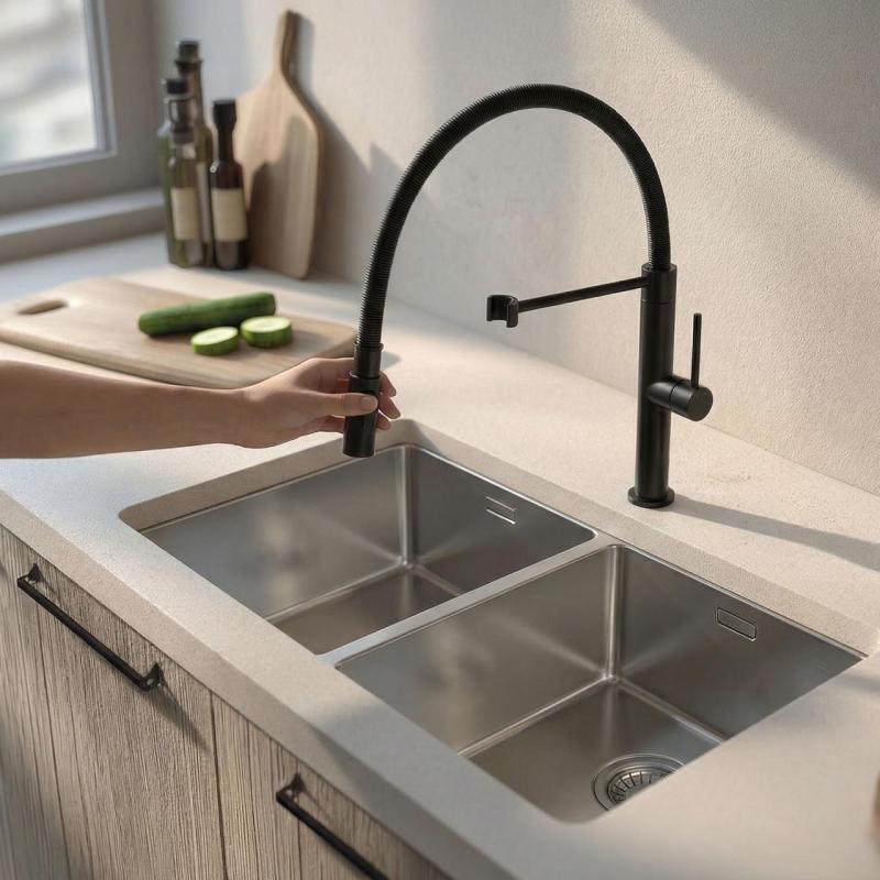 Pure.Sink Luxion Robinet de bucătărie Mat Black profi cu ieșire flexibilă și 2 tipuri de jet PLXFLEX-10