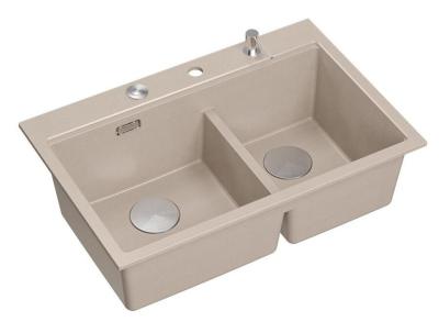 Chiuvetă dublă Quadri Hard Rock Beige Granit încorporabilă 76x50 cm cu dop din oțel inoxidabil și accesorii 1208971749