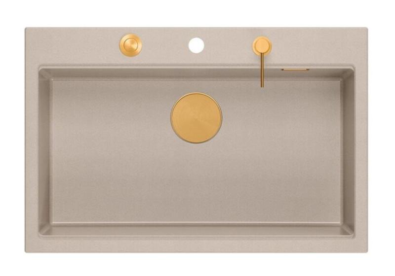 Chiuveta mare de construcție Quadri Hard Rock Beige din granit 76x50cm inclusiv dop de cupru și accesorii 1208971750