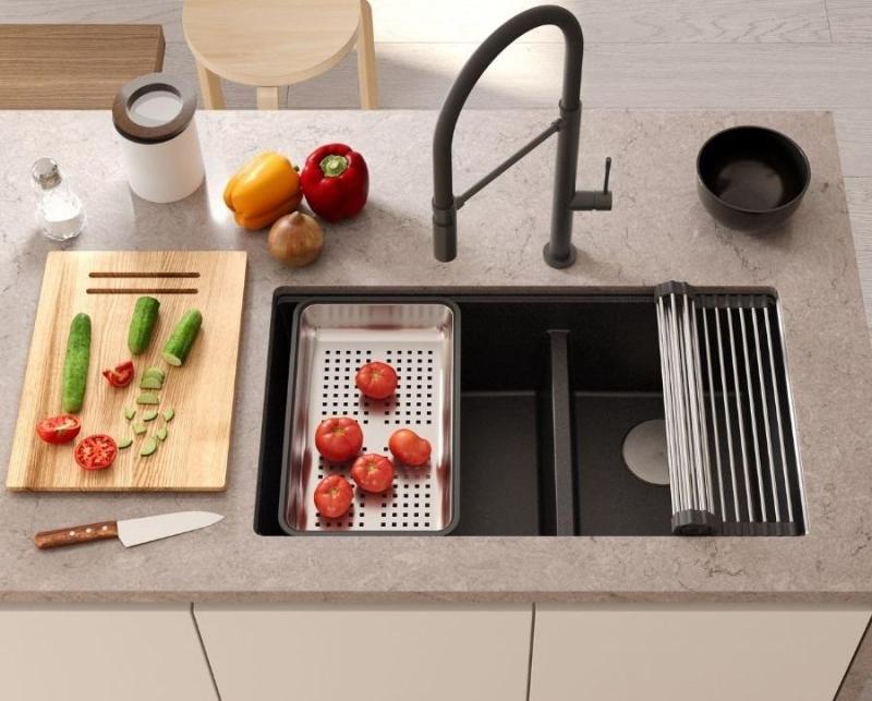 Chiuveta dublă Quadri Newport II Beige Granit de suprafață 76x45 cm cu dop auriu 1208971753