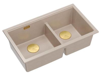 Quadri Newport II Dublă Chiuvetă Submontată din Granit Bej 702 x 390 mm cu Plug de Aur 1208971756