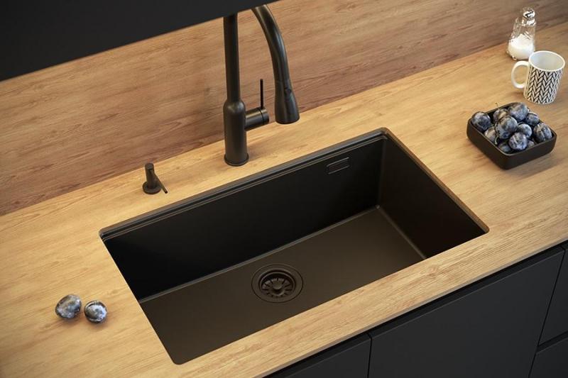 Quadri Newport II chiuvetă mare și adâncă din granit pentru montare superioară și inferioară, bej, dimensiunea 76x45 cm, cu dop auriu 1208971759