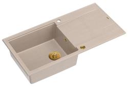 Chiuveta de suprafață Quadri Luton beige din granit cu suprafață de scurgere reversibilă 100x50cm cu dop de aur 1208971771