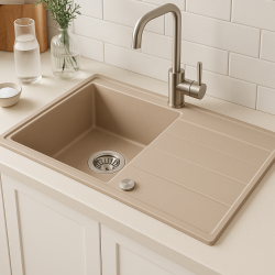 Chiuvetă de montaj din granit bej Quadri Luton cu suprafață de scurgere reversibilă 86x50cm cu dop din oțel inoxidabil 1208971779