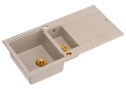Chiuvetă de suprafață Quadri Luton bej din granit cu 1,5 cuve și suprafață de scurgere reversibilă 100x50cm cu dop de cupru 1208971792