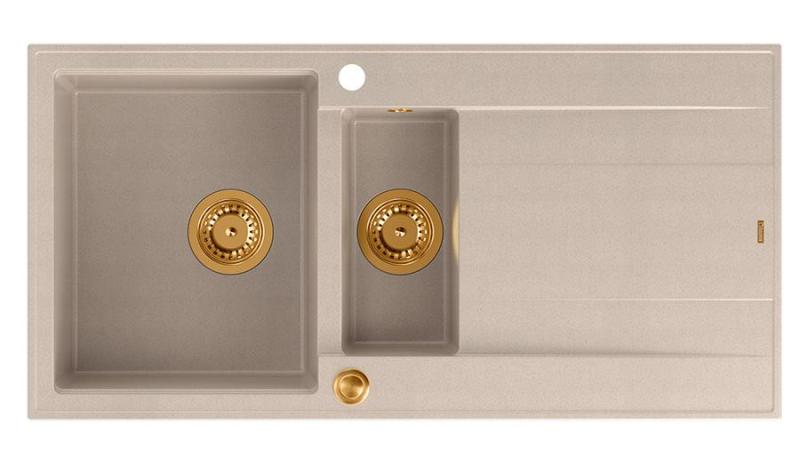 Chiuveta de suprafață Quadri Luton din granit bej perlă, cu 1,5 cuve și zonă de scurgere, reversibilă, 100x50cm, cu dop de cupru 1208971792