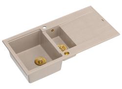 Chiuveta de montaj Quadri Luton bej din granit cu 1,5 cuve și suprafață de scurgere reversibilă 100x50cm cu dop auriu 1208971793